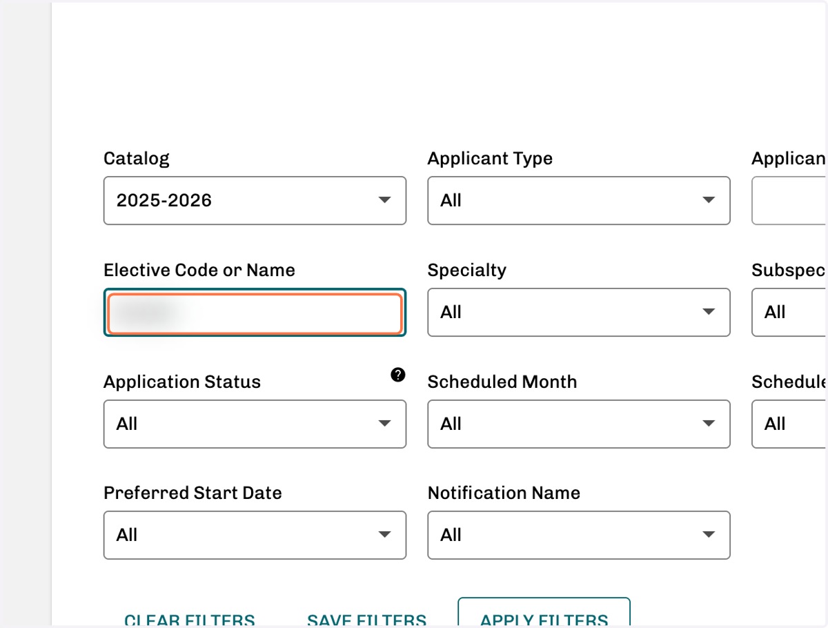 Type in Elective Code or Name input