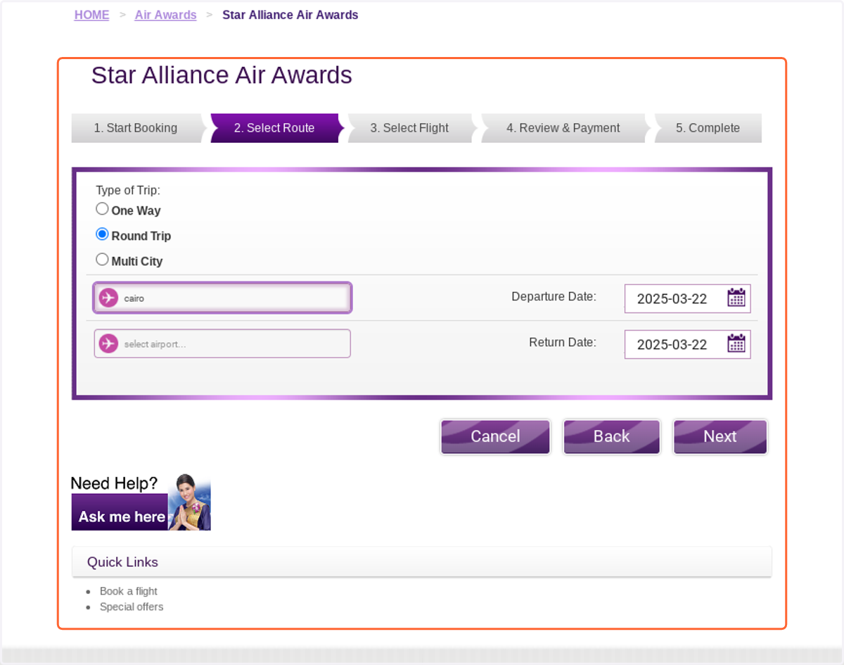 Click on Star Alliance Air Awards…