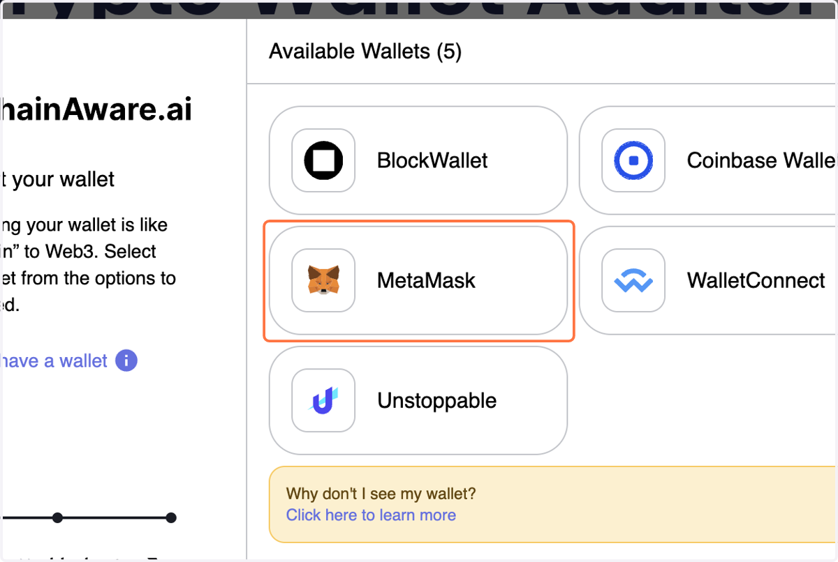 Click on MetaMask or any available connection method