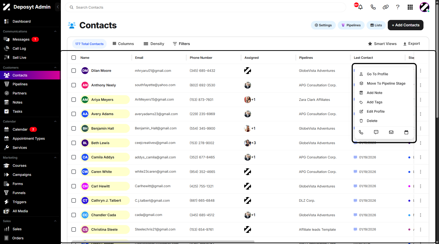Step 4: A pop-up window will appear where you can open the customer modal by clicking Go to Profile. You can also move the contact to a new Pipeline Stage, add Notes or Tags, edit the contact’s profile details, or delete the contact if needed.