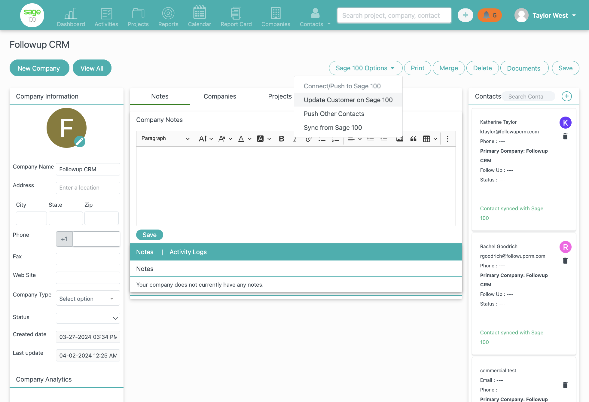 Click on Update Customer on Sage 100