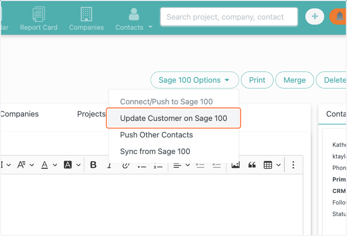 Click on Update Customer on Sage 100