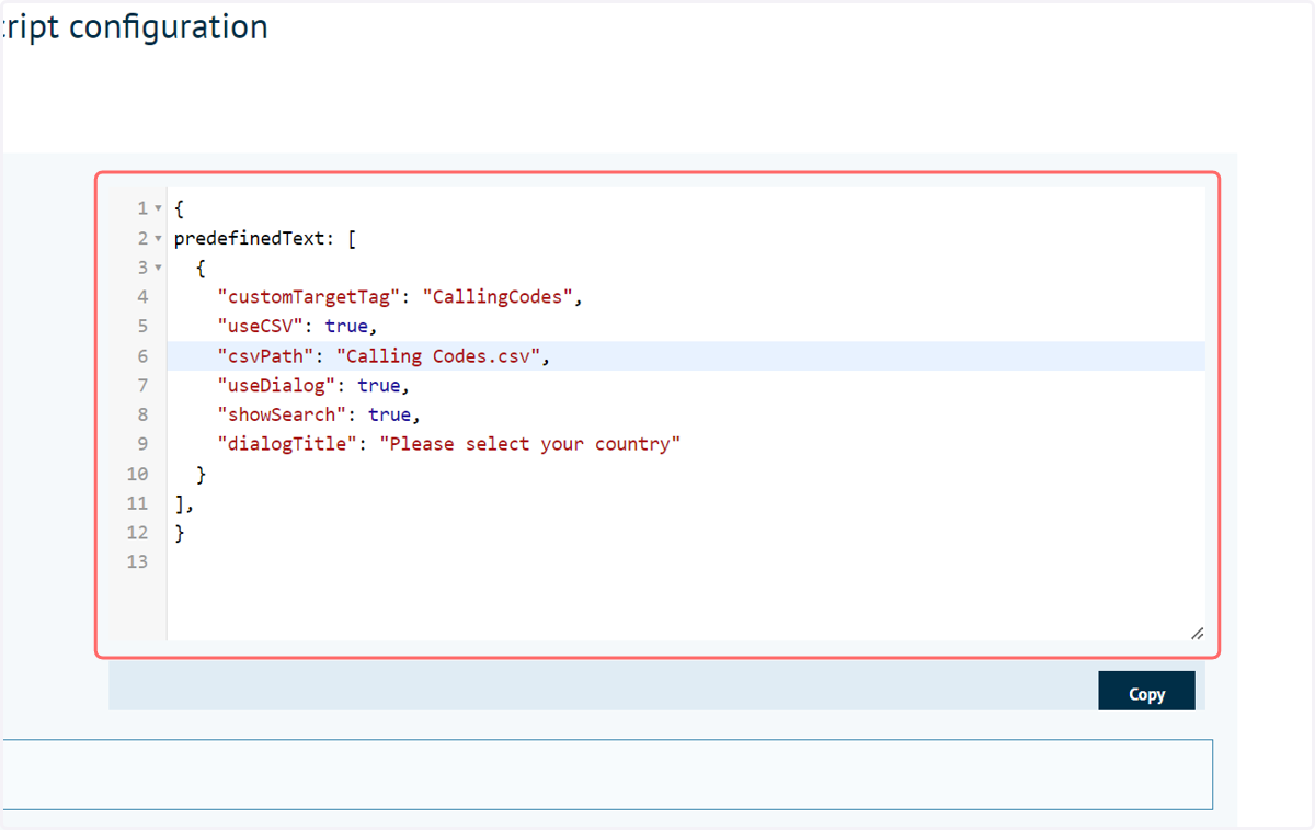 Populate the script config with predefinedText