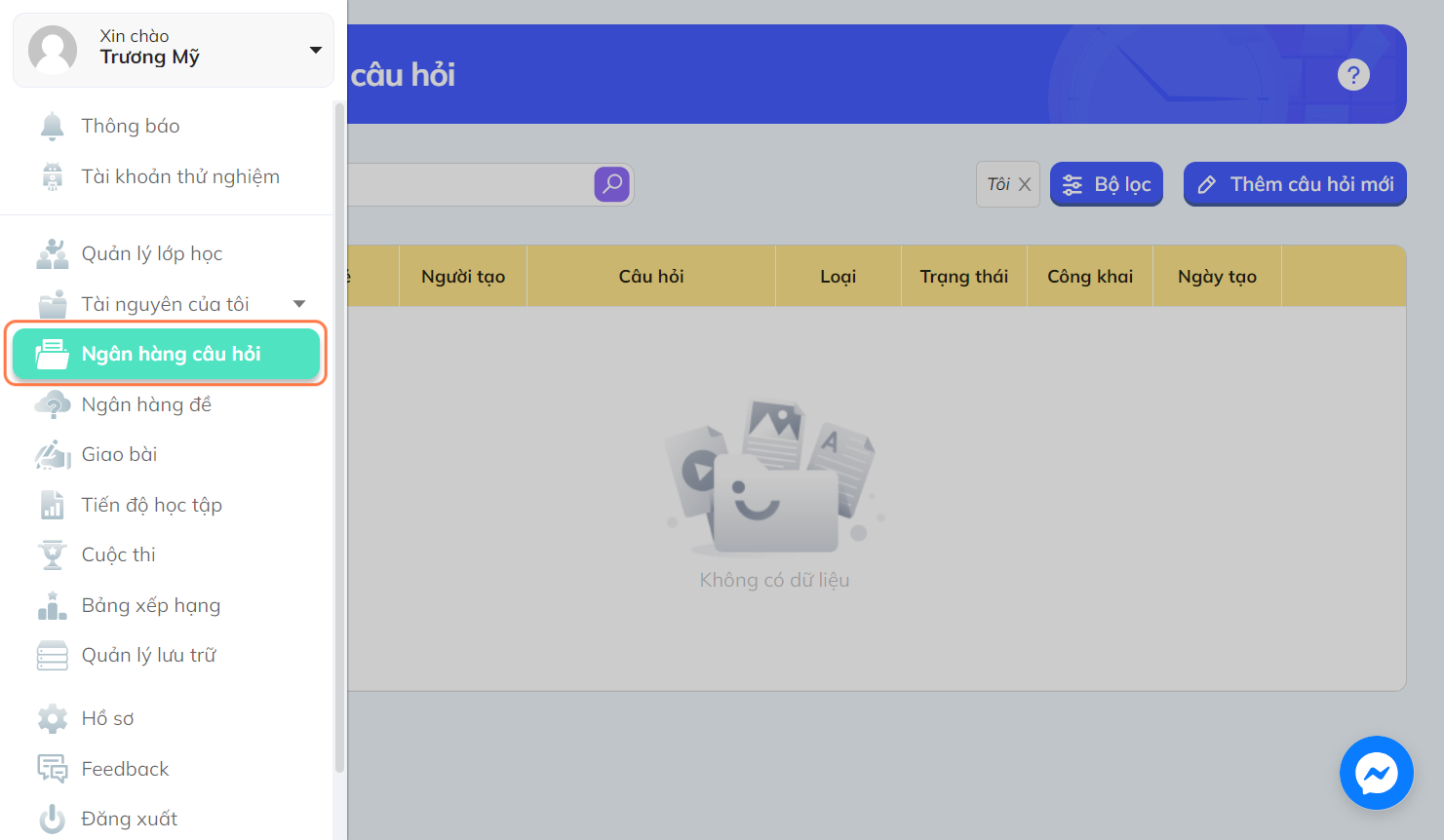 Nhấn chọn "Ngân hàng câu hỏi"