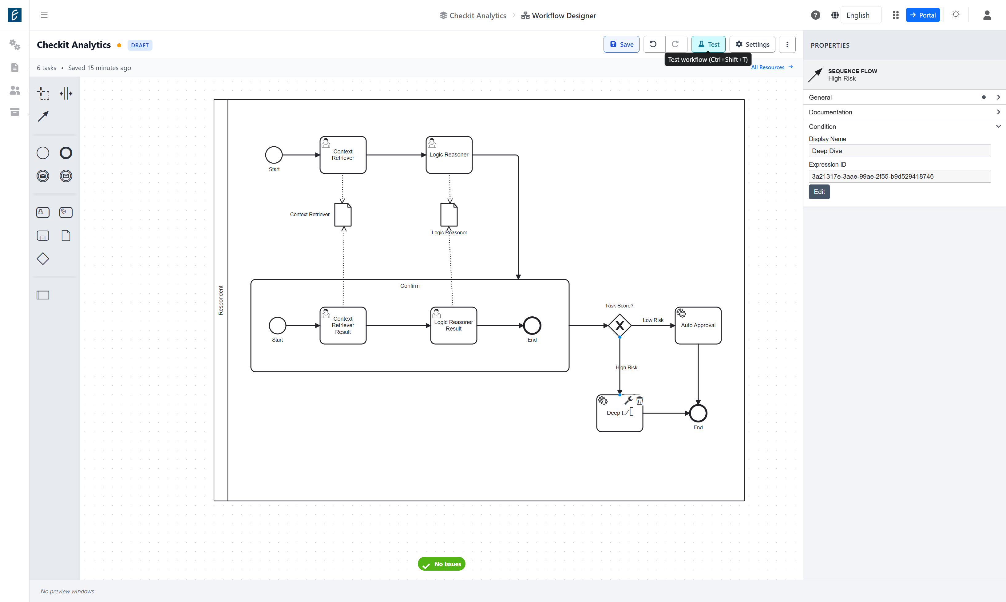 Click on Test workflow (Ctrl+Shift+T)