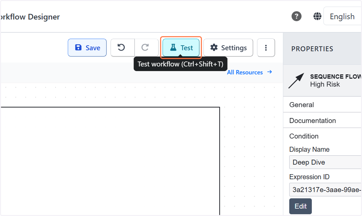 Click on Test workflow (Ctrl+Shift+T)