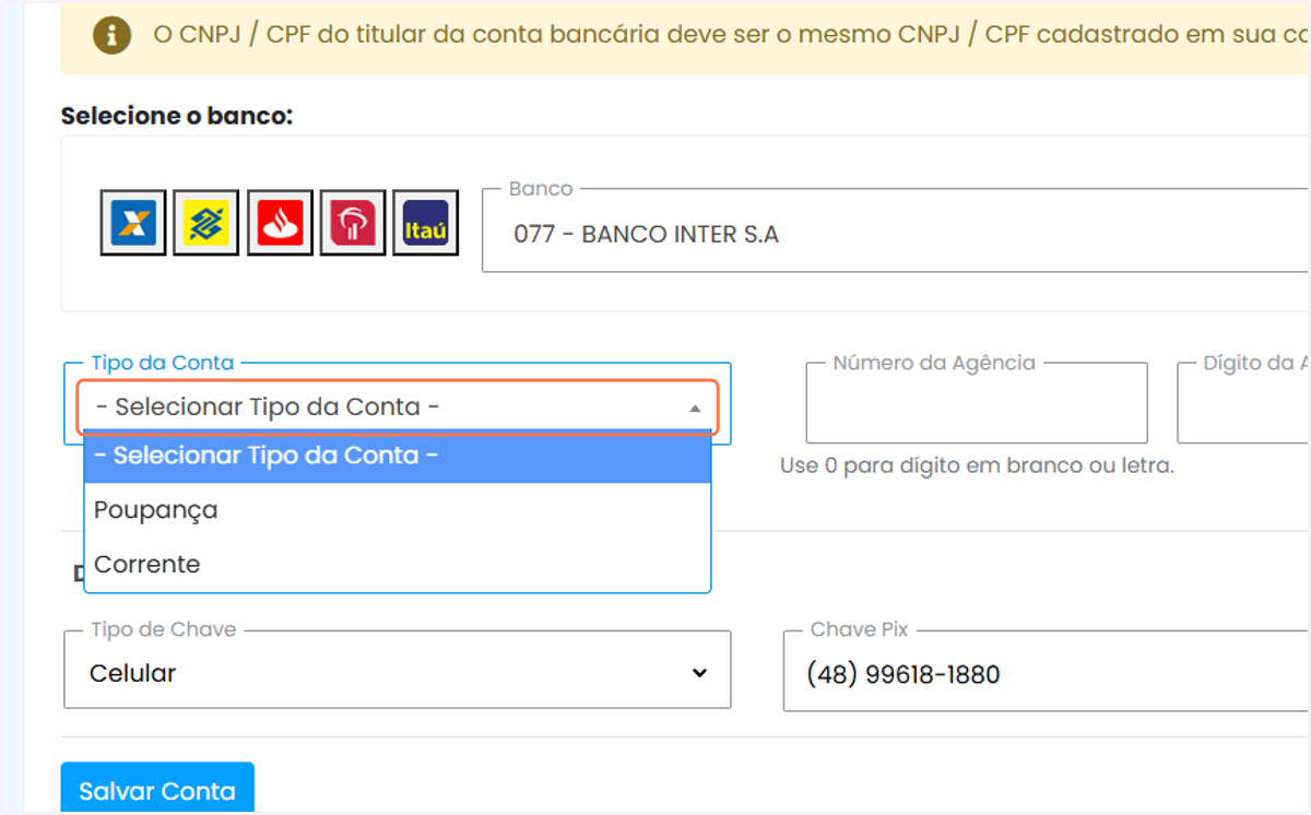 Selecione o Tipo da conta
