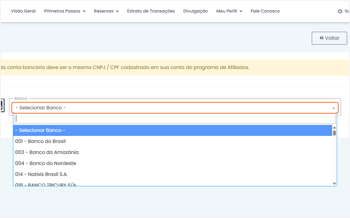 Selecione seu banco de preferência