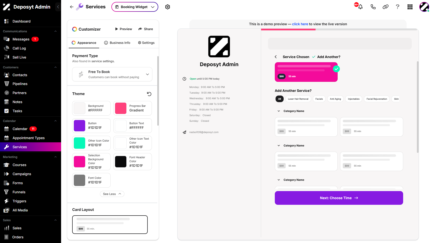 Editing the Services Appearance via the Customizer