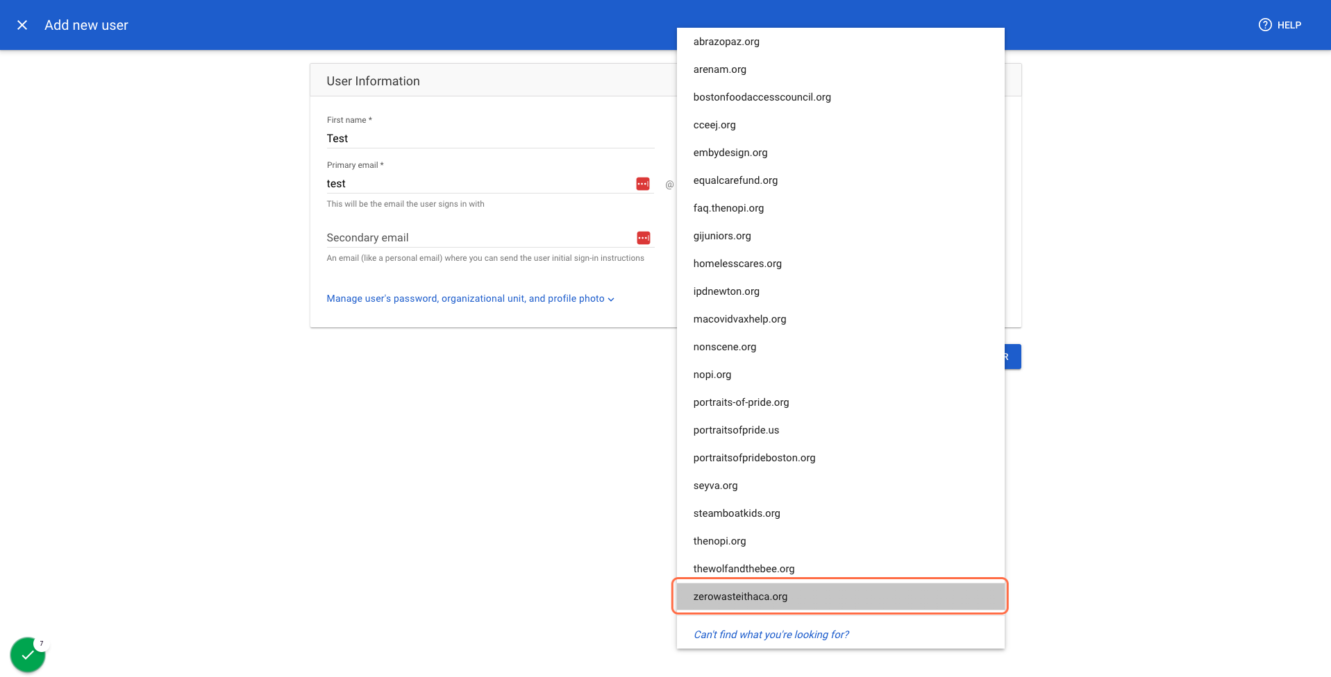 Select the correct domain for your organization