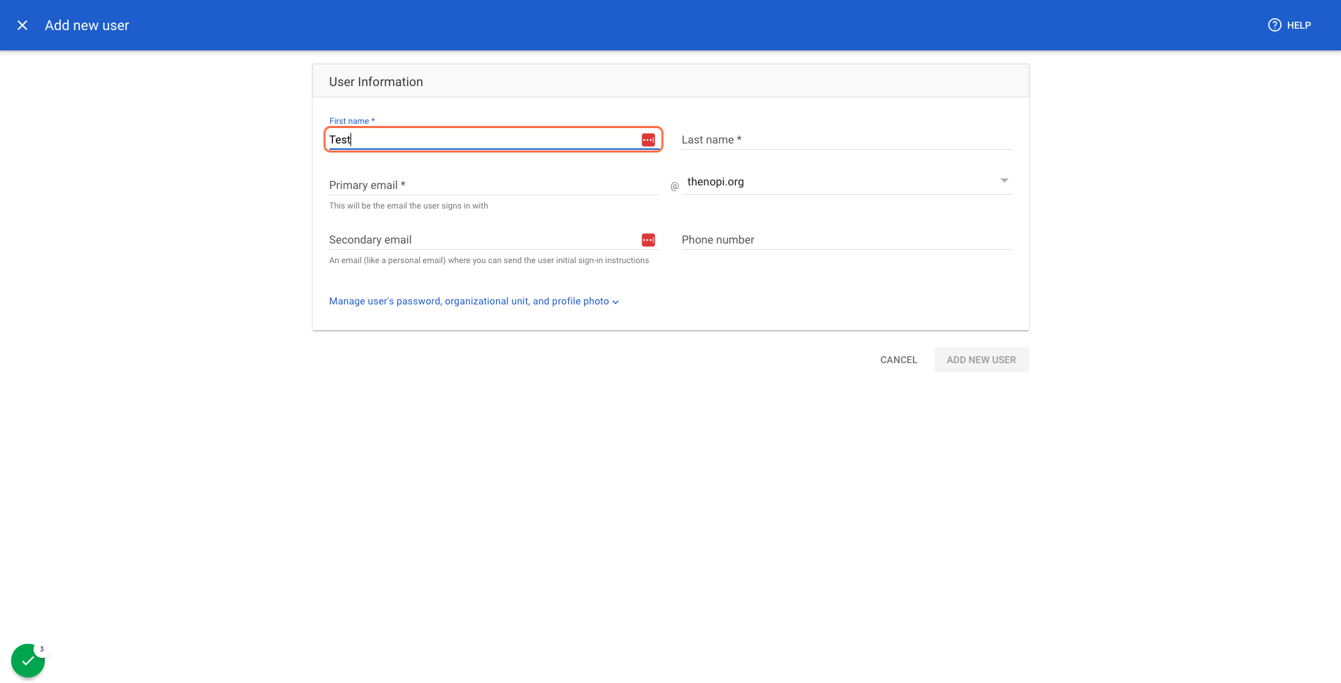 Enter the user's First Name, Last Name, and Primary Email