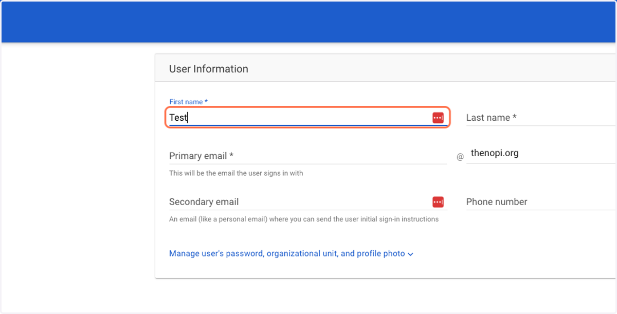 Enter the user's First Name, Last Name, and Primary Email
