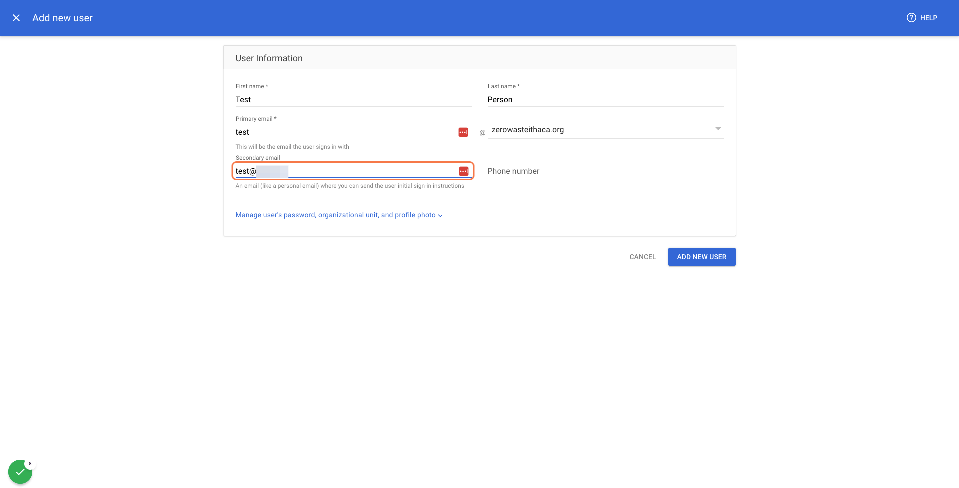 Enter the user's secondary email
