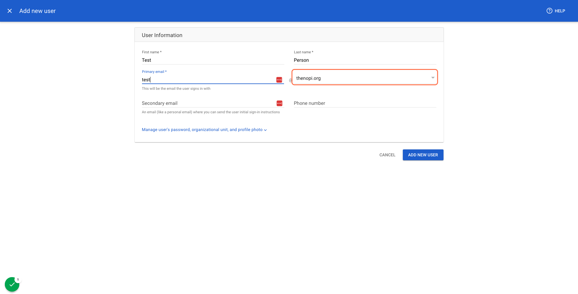 Click on the domain drop-down next to Primary Email