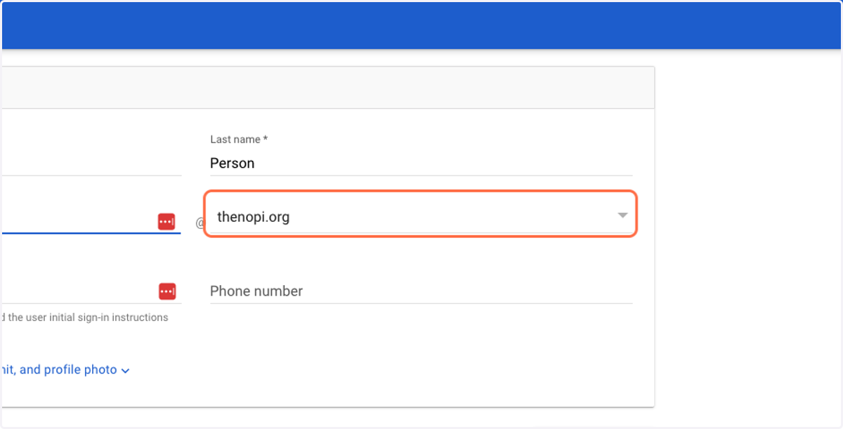 Click on the domain drop-down next to Primary Email