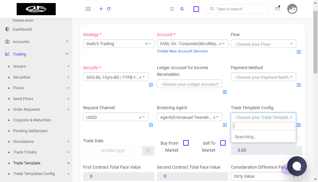 Click on - Choose your Trade Template Config -