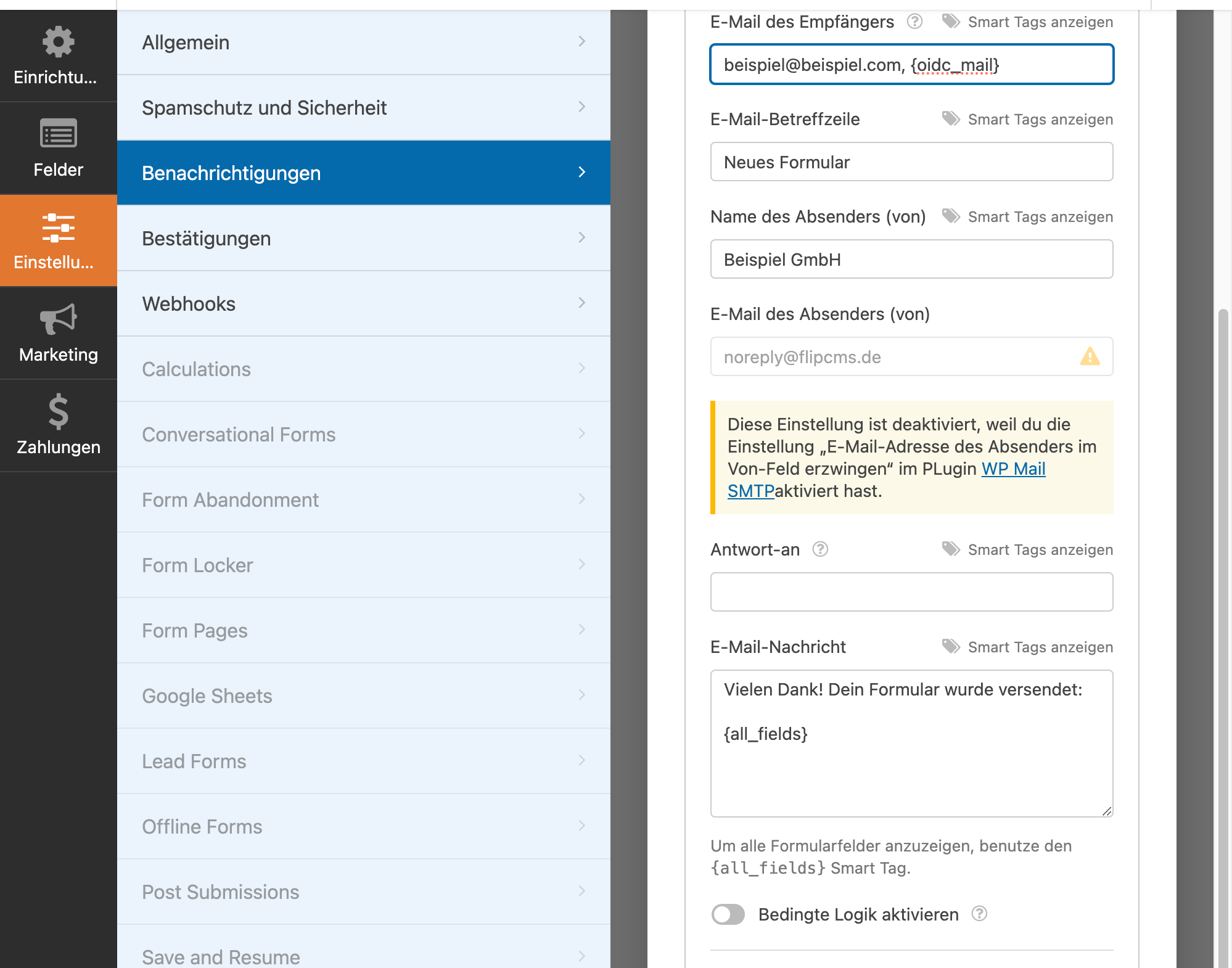 Gehe in das Feld "E-Mail-Nachricht" und verfasse einen passenden Nachrichtentext. Der Smart Tag {all_fields} überträgt automatisch alle ausgefüllten Informationen in die Mail.