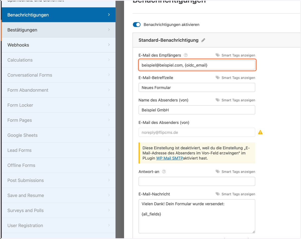 Trage in das Feld "E-Mail des Empfängers" zusätzlich den Smart Tag "{oidc_email}" ein.