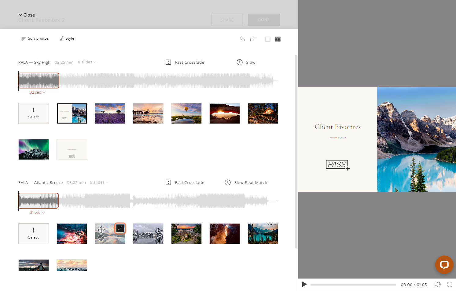 Adjust the slide speed and crossfade options in the top right corner.