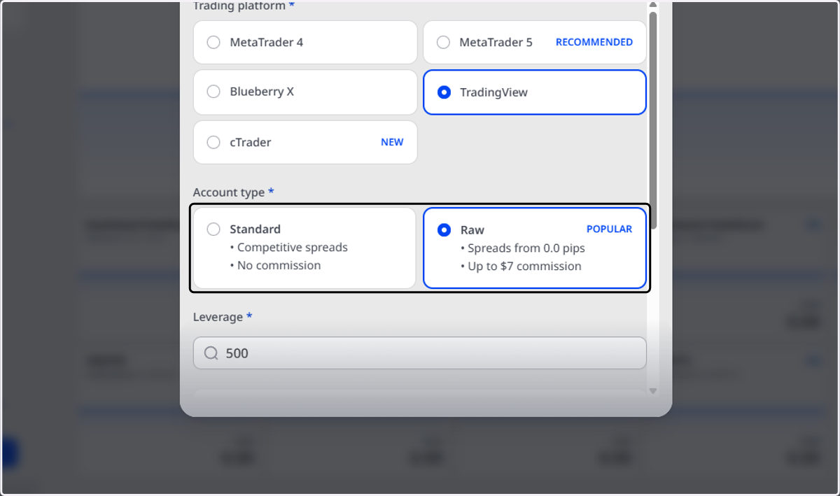 Select the Type of Account