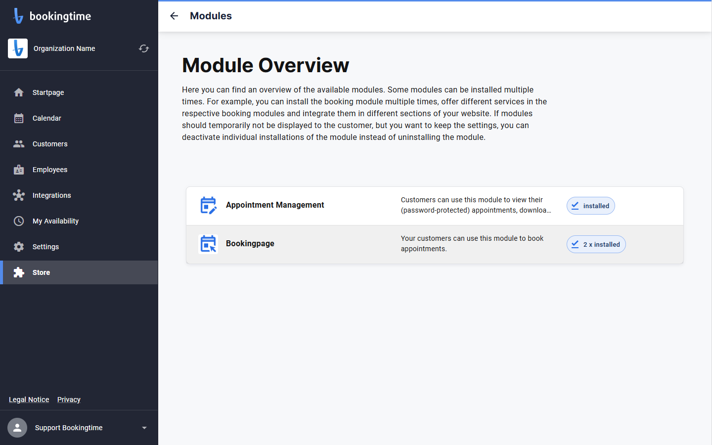 Click on Bookingpage Your customers can use this module to book appointments. 2 x installed