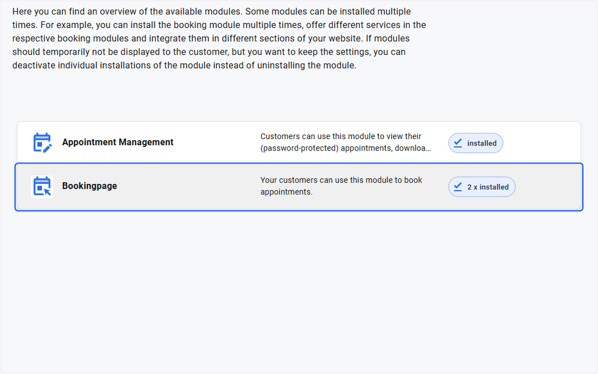 Click on Bookingpage Your customers can use this module to book appointments. 2 x installed
