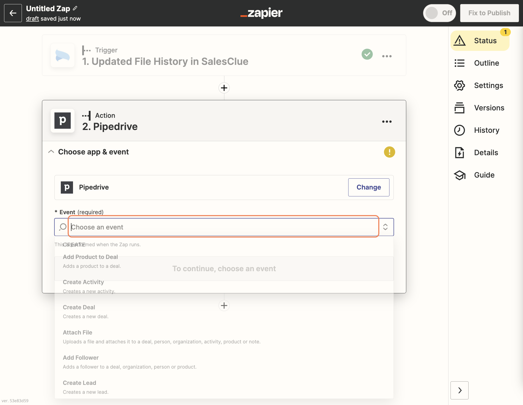 Action에서 "Pipedrive"를 선택합니다.