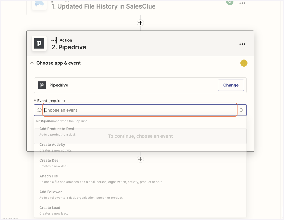 Action에서 "Pipedrive"를 선택합니다.