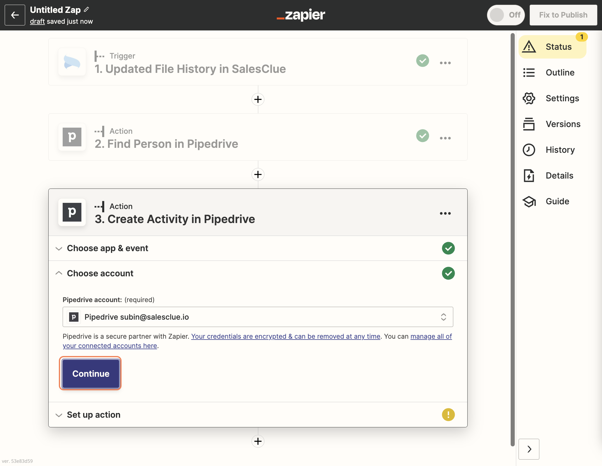 위에서 선택한 Pipedrive 계정과 동일한 계정을 선택하고 Continue를 누릅니다.