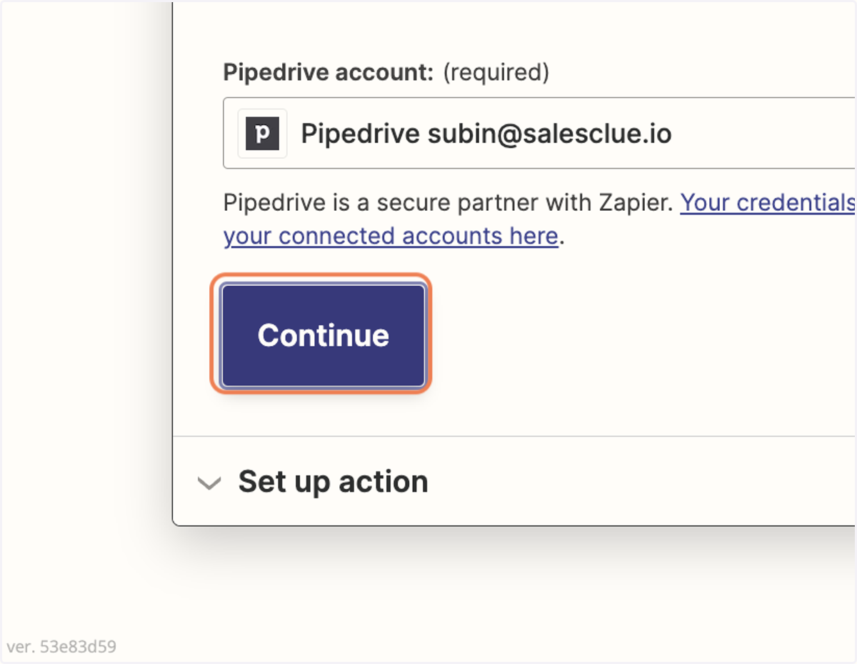 위에서 선택한 Pipedrive 계정과 동일한 계정을 선택하고 Continue를 누릅니다.