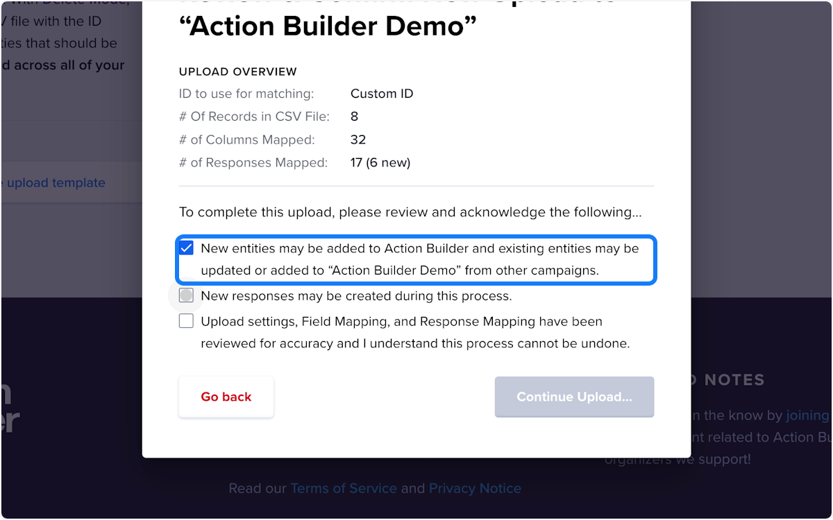 Check New entities may be added to Action Builder and existing entities may be updated or added to “Action Builder Demo” from other campaigns.