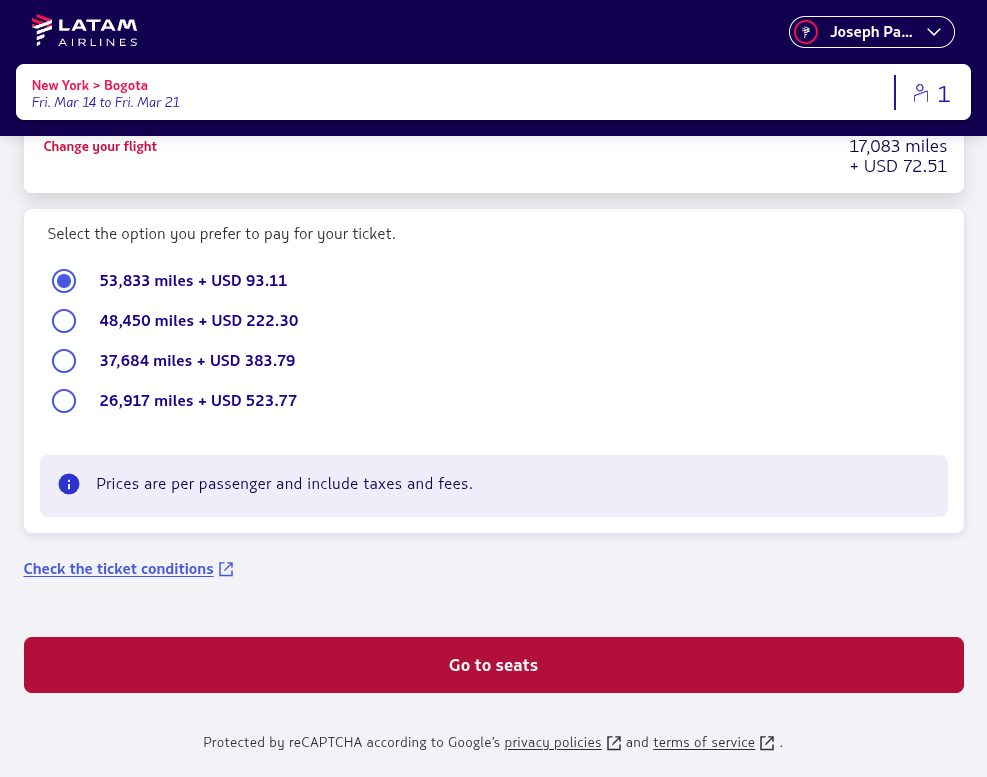 Click on Continue to seat selection.
