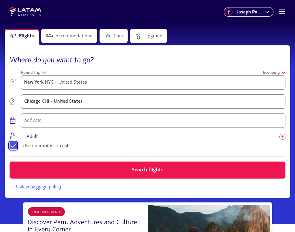 Uncheck miles + cash