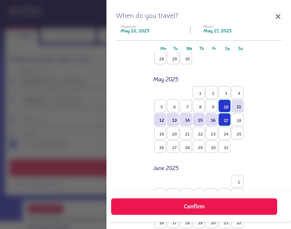 Click on Selected as return date. Saturday, May 17, 2025