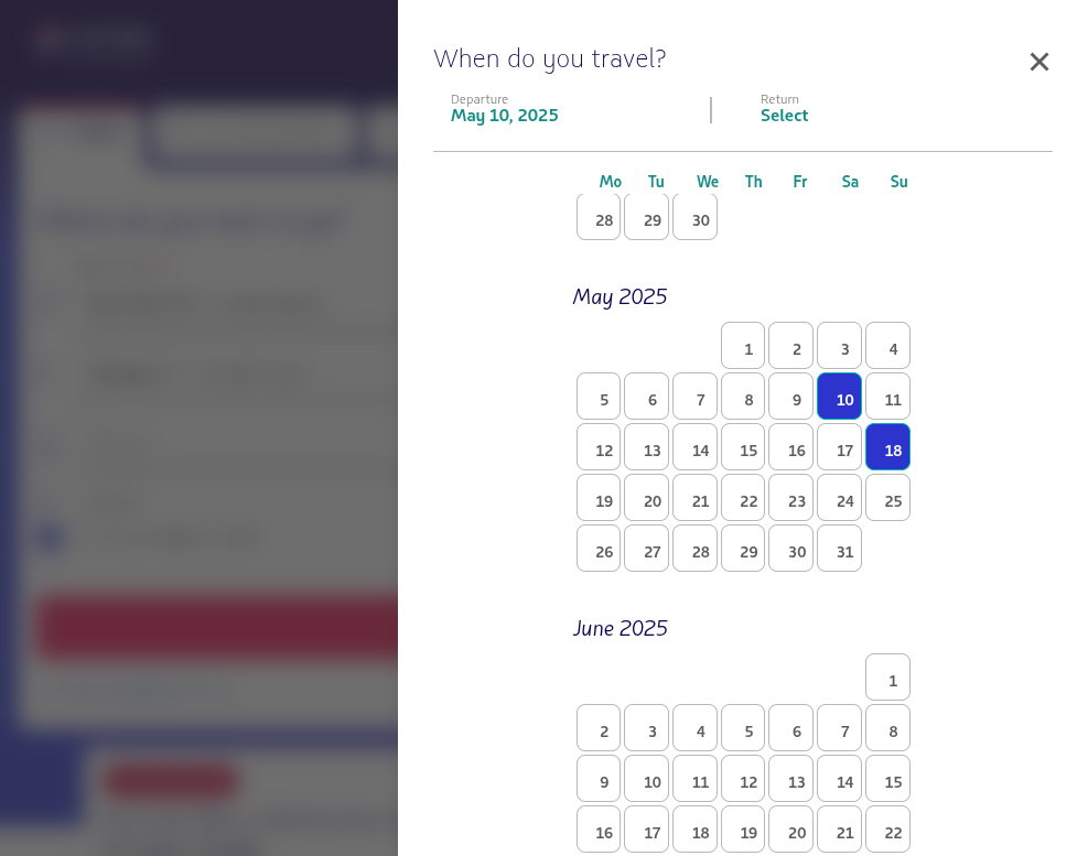 Click on Selected as departure date. Saturday, May 10, 2025