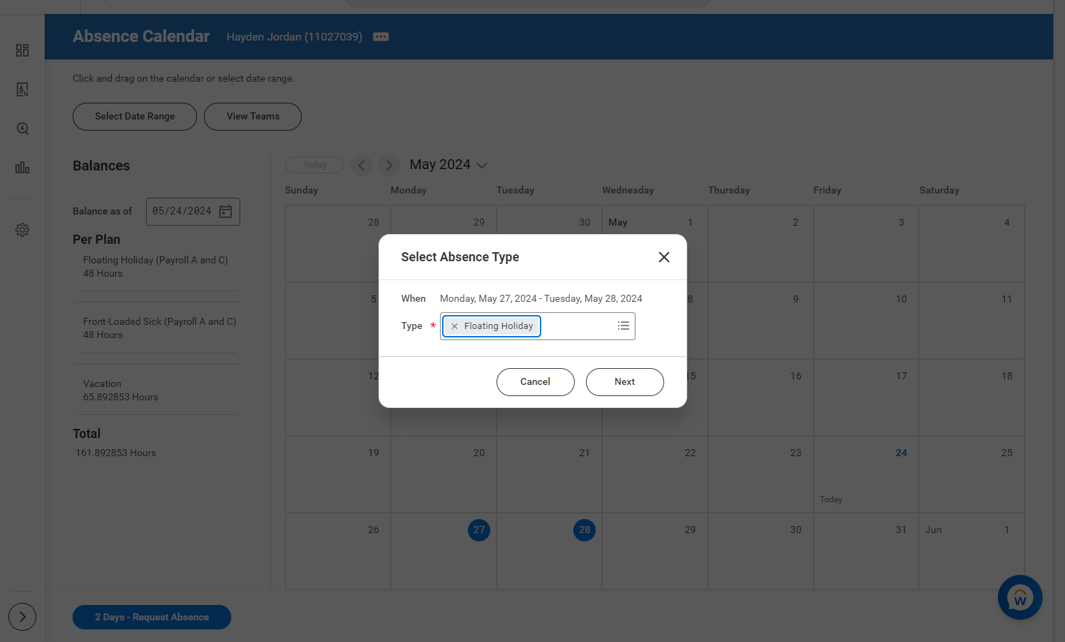 Absence type will autofill; click Next