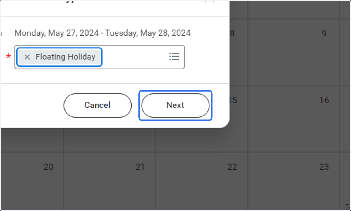 Absence type will autofill; click Next
