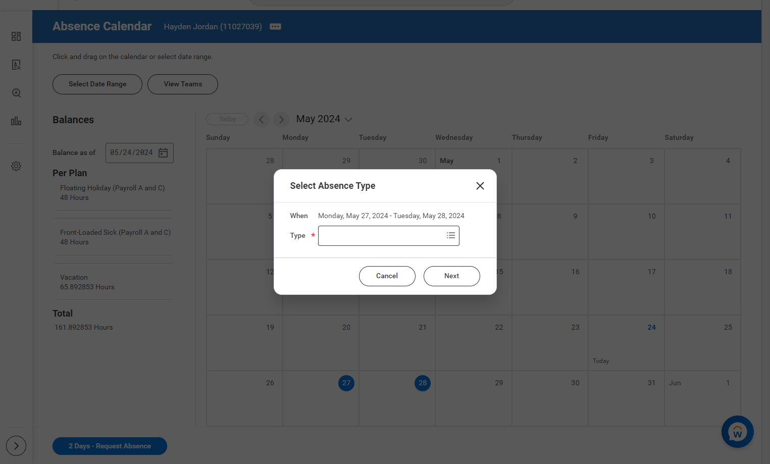 Use the dropdown menu to select the type of absences you wish to use