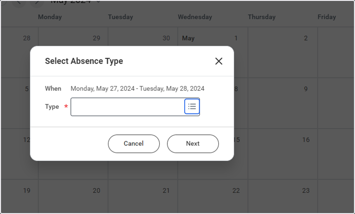Use the dropdown menu to select the type of absences you wish to use
