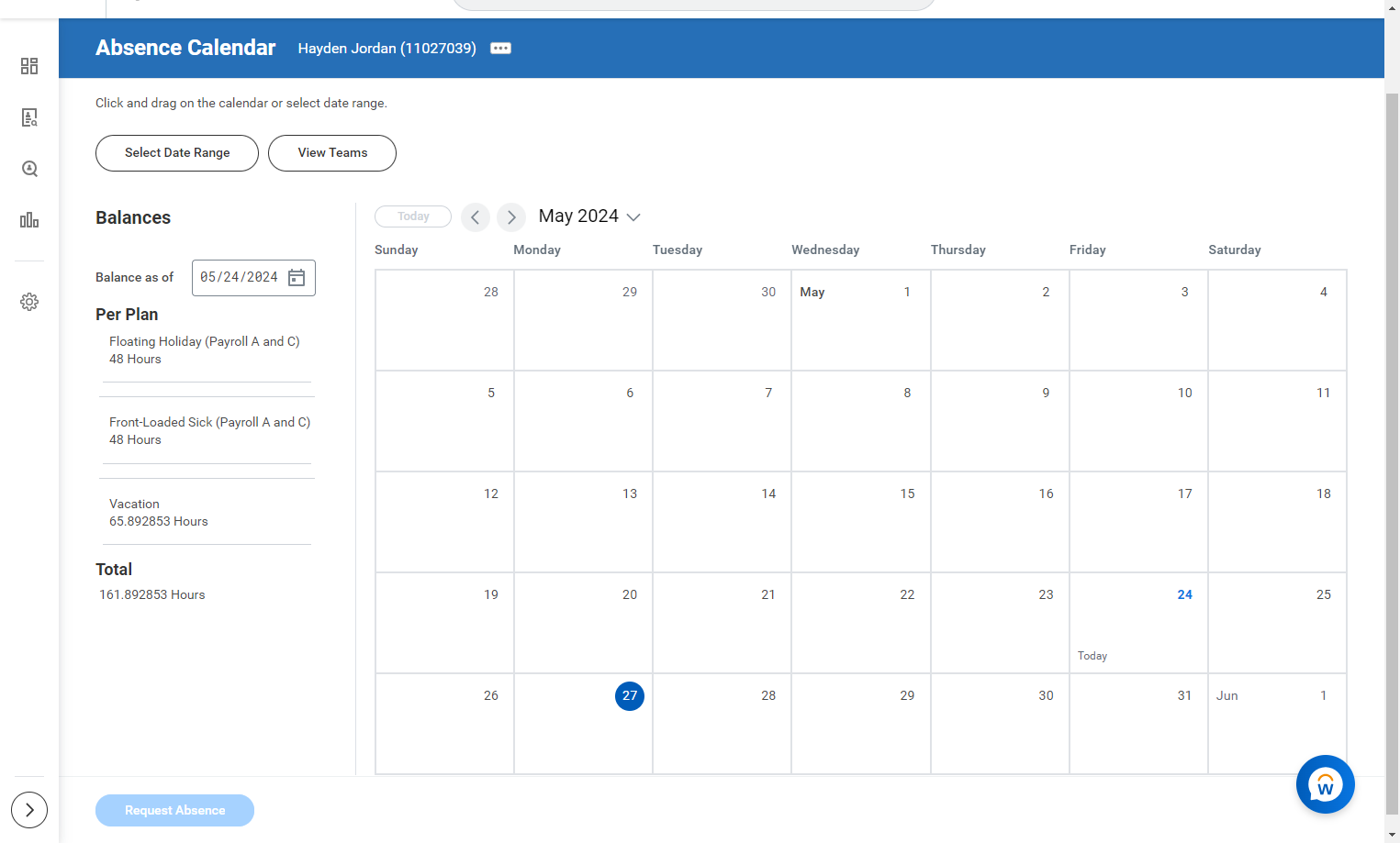 Click into the calendar, on the day (or days) you wish to take a paid absence