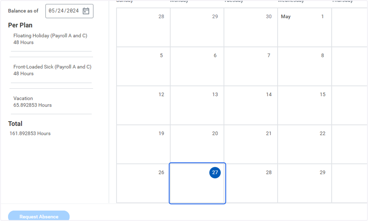 Click into the calendar, on the day (or days) you wish to take a paid absence
