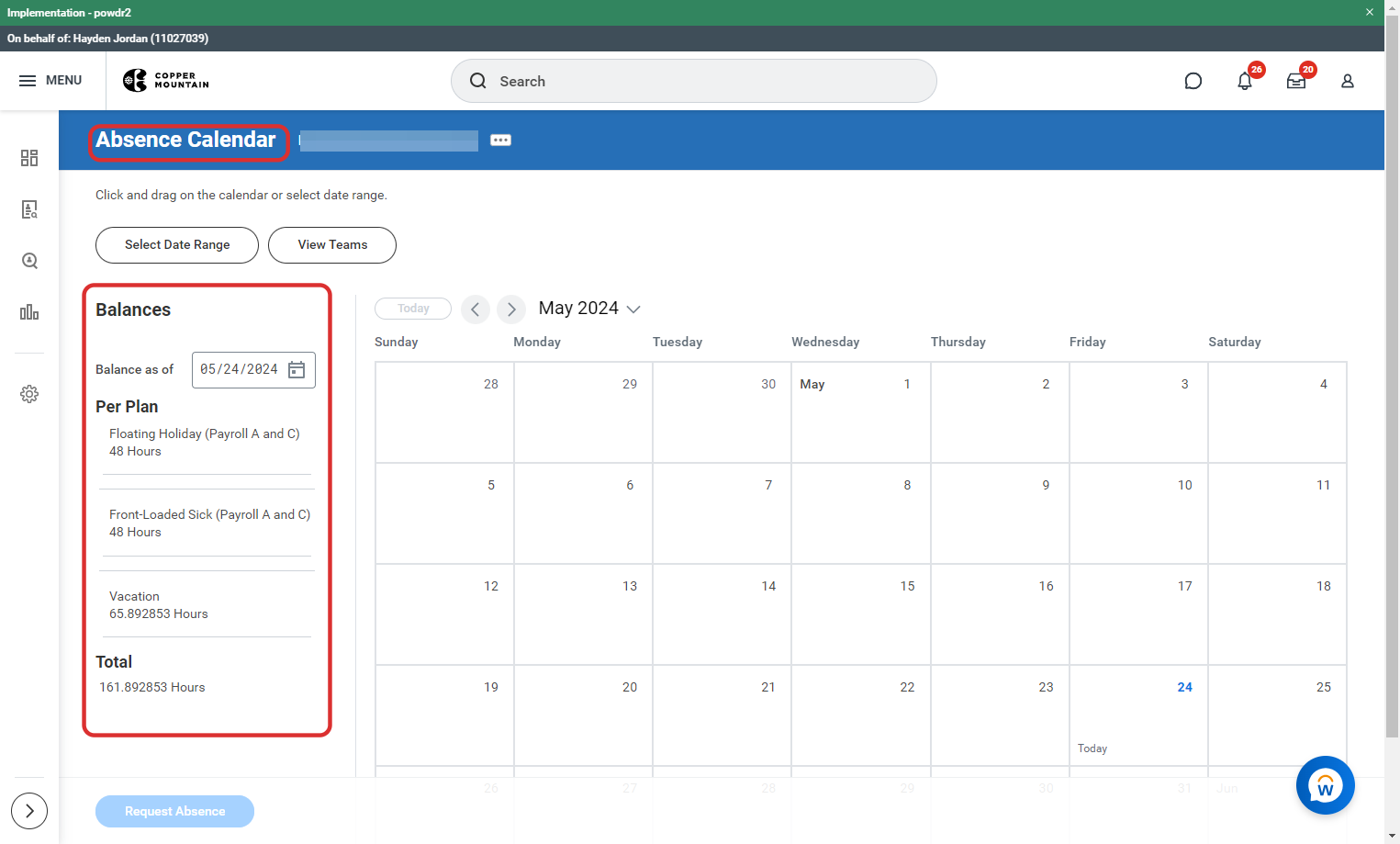 Absence calendar and current balances are displayed