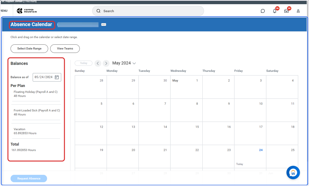 Absence calendar and current balances are displayed