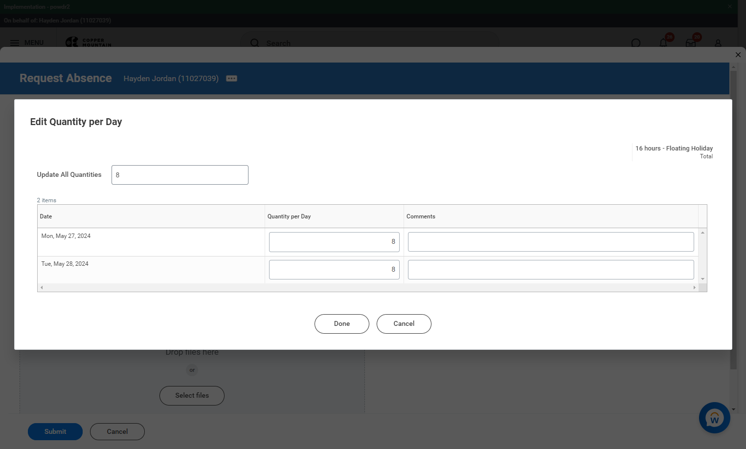 Select date you wish to adjust the Absence Hours being requested