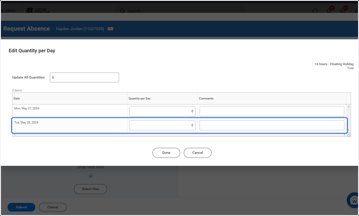 Select date you wish to adjust the Absence Hours being requested