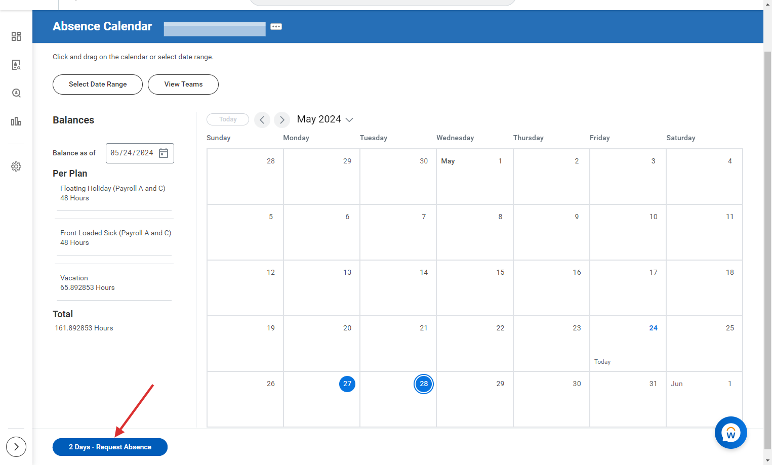 Your selected number of days will be indicated in the lower left of Absence Calendar. Click on the highlighted Request Absence button