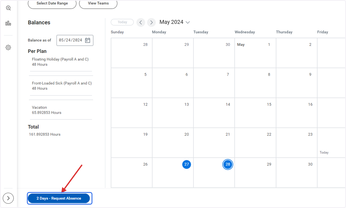 Your selected number of days will be indicated in the lower left of Absence Calendar. Click on the highlighted Request Absence button