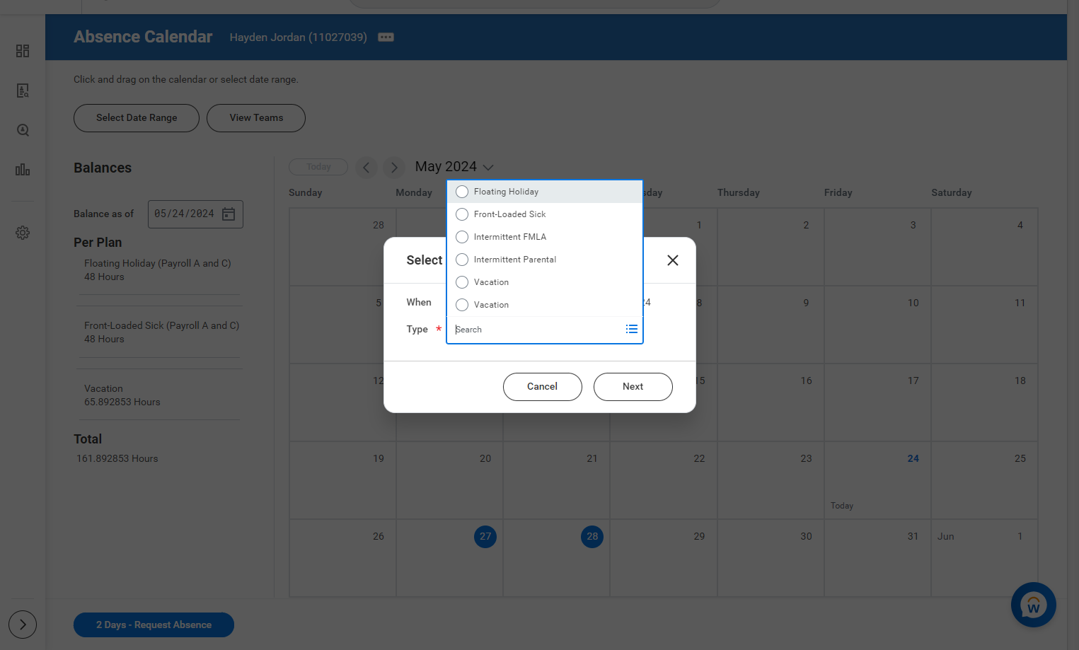 In this example, click on the Floating Holiday radio button [ please note, Floating Holiday is no longer a type of absence, however the SOP still works in the same manner.