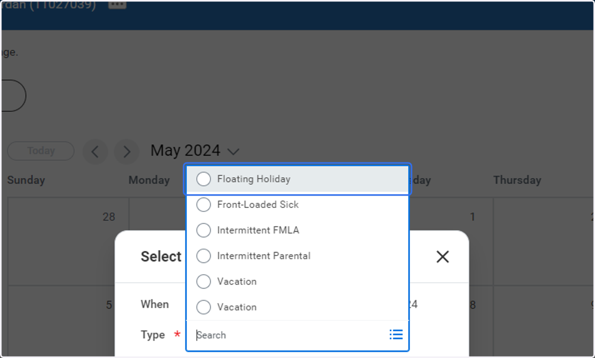 In this example, click on the Floating Holiday radio button [ please note, Floating Holiday is no longer a type of absence, however the SOP still works in the same manner.