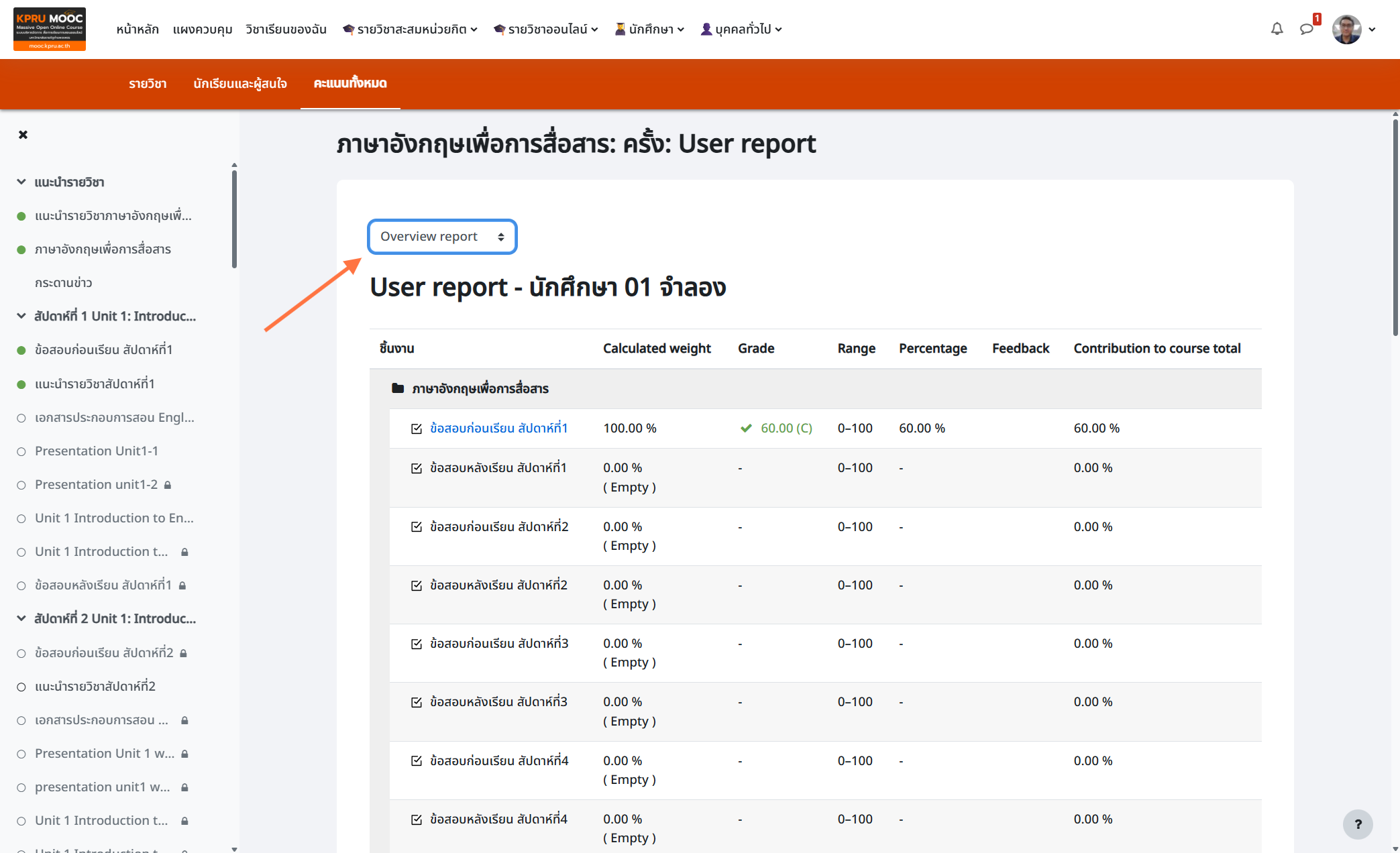 สามารถดูผลคะแนนของวิชาอื่นๆ คลิกที่ราย แล้วเลือก "Overview report"